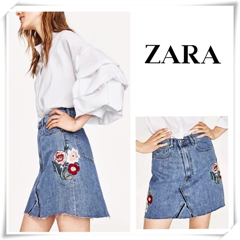 Zara Floral Embroidered Raw Hem Denim Skirt